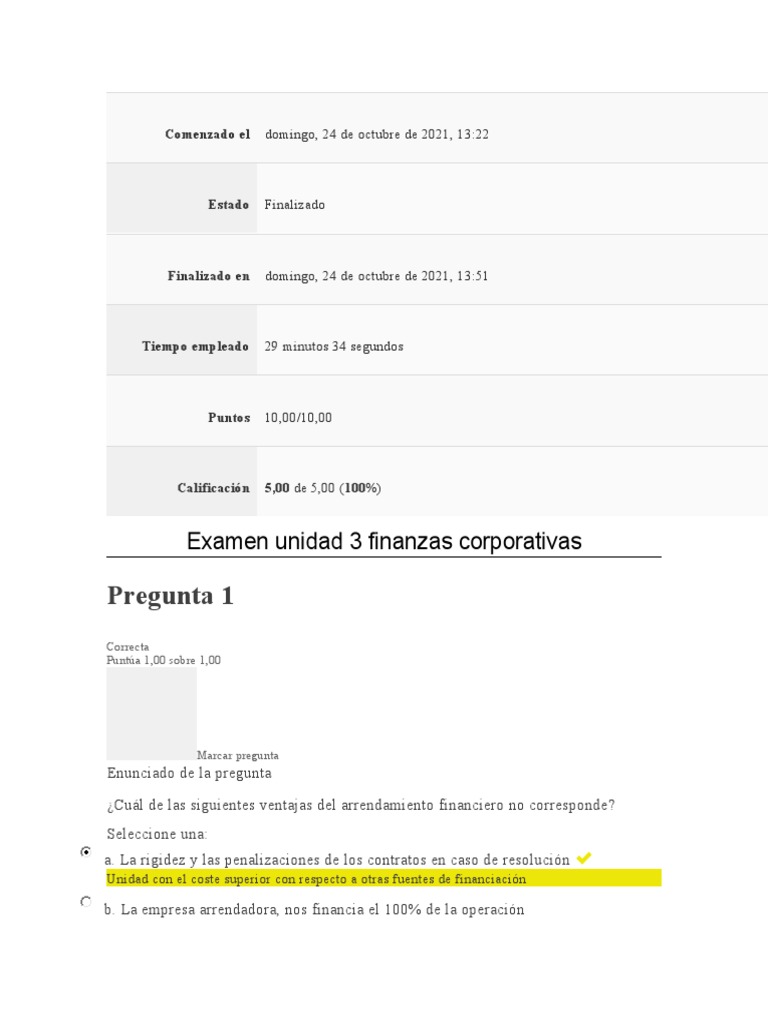 Examen Unidad 3 Finanzas Corporativas | PDF | Bancos | Arrendamiento