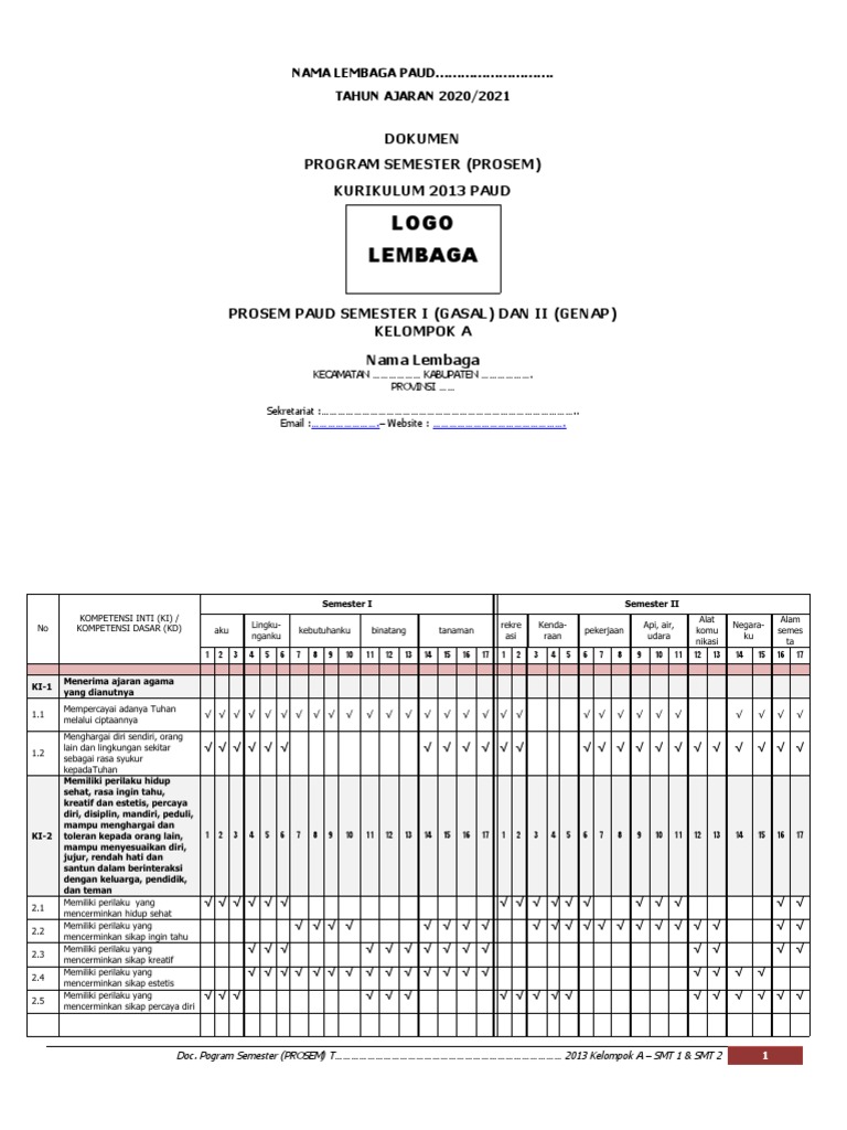 Prosem PAUD Semester 1 dan 2 2020/2021 | PDF