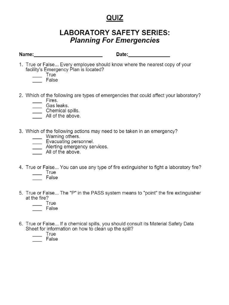 QUIZ LABORATORY SAFETY SERIES Planning For PDF