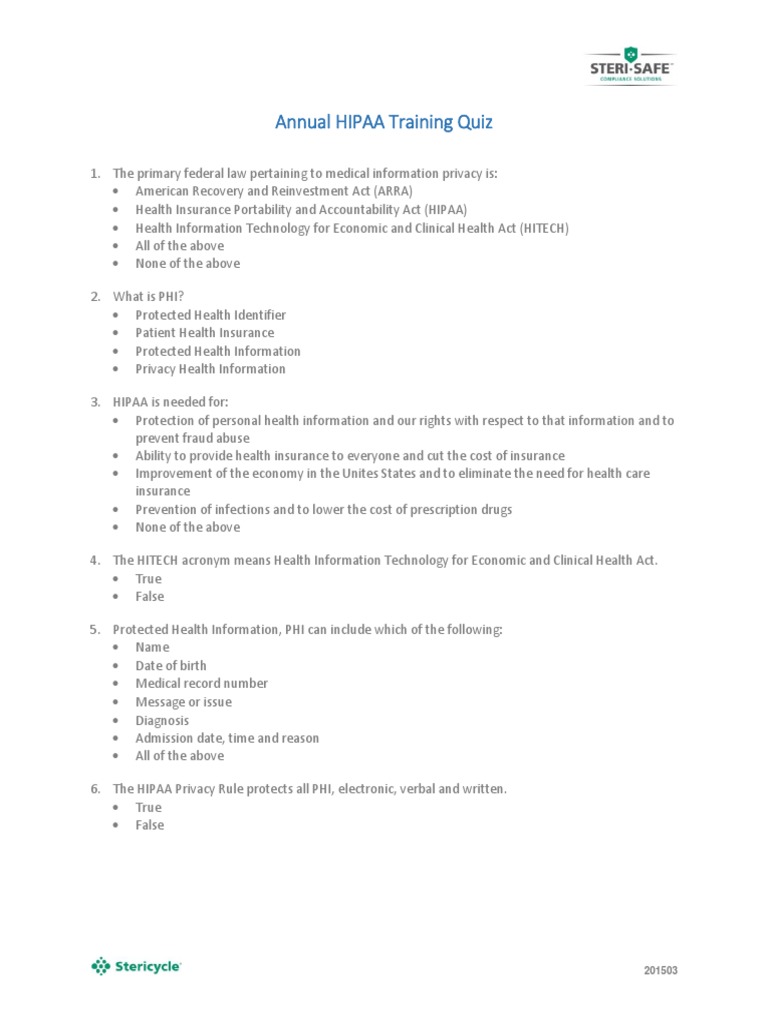 Annual HIPAA Training Quiz Answers | PDF | Health Insurance Portability ...
