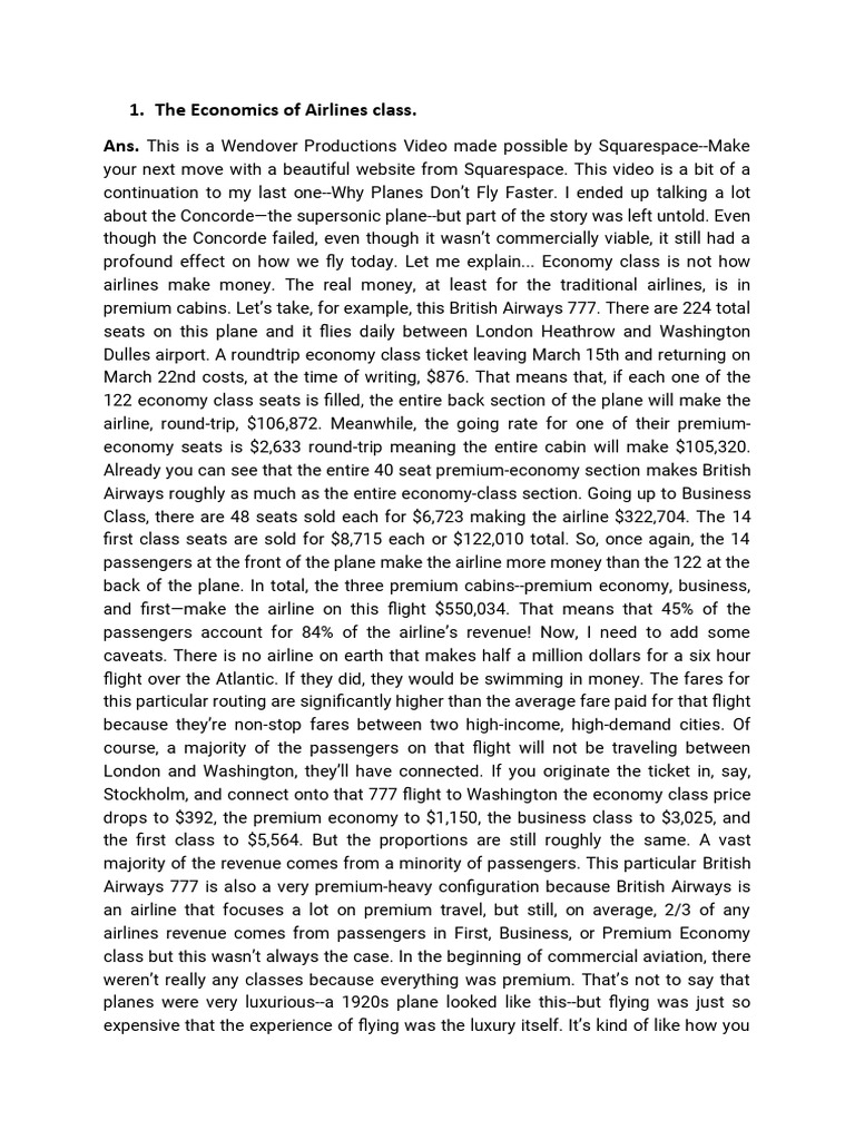 The Economics of Airlines Class PDF Business Class Airlines