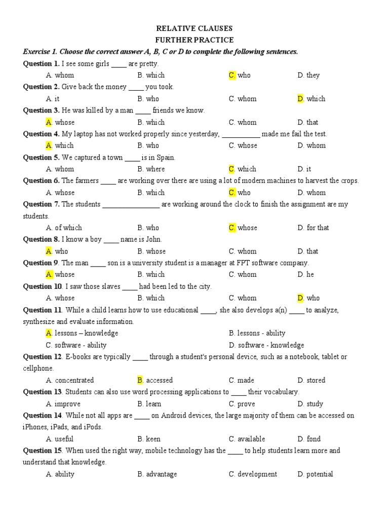 Relative Clauses Practice Exercises | PDF | Question | Mobile Phones