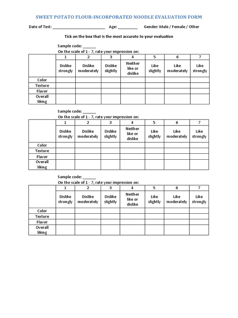 SPF Noodle Sensory Evaluation Form | PDF | Flavor | Food And Drink