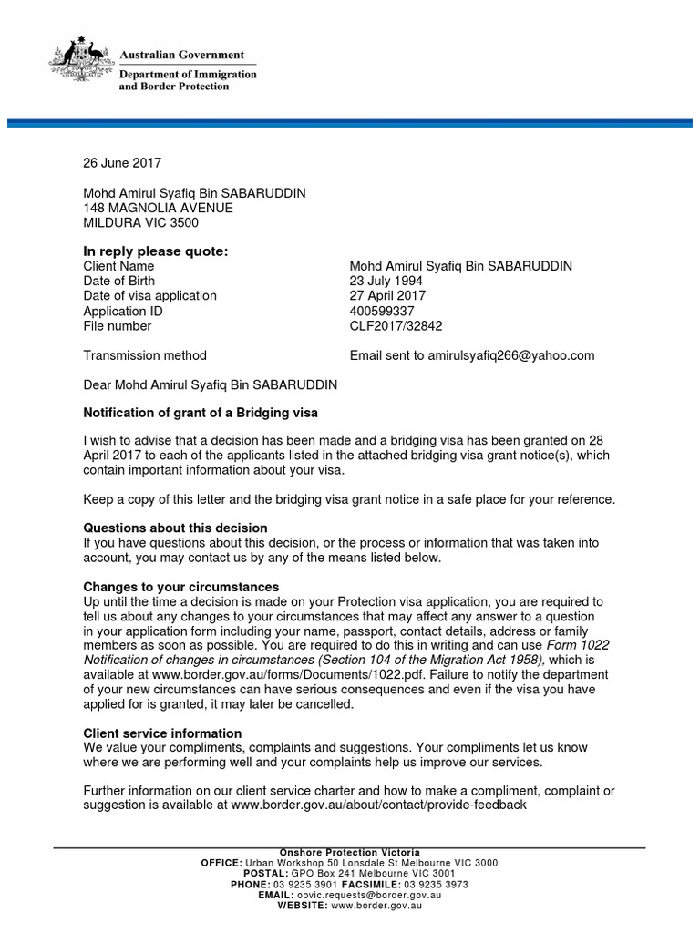 IMMI Bridging Visa Grant Notification | PDF | Travel Visa | Government ...