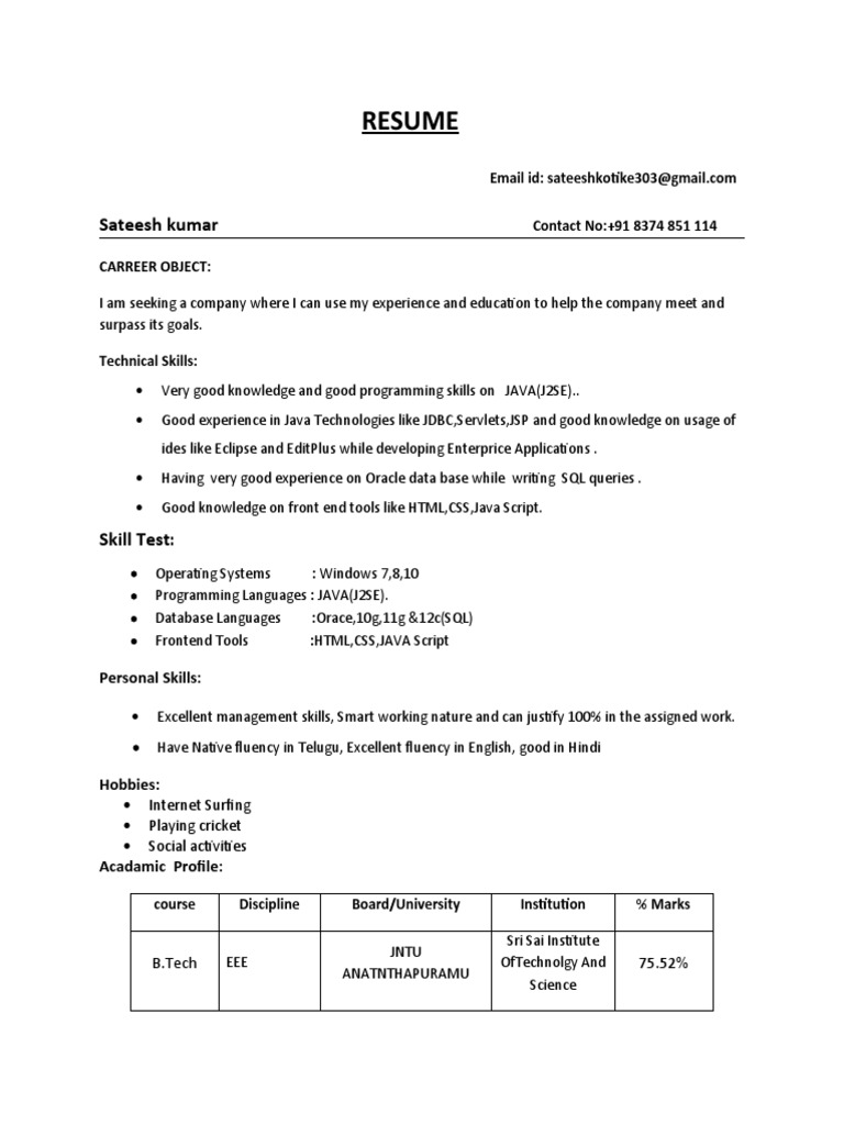 Resume-fresher | PDF | Java (Programming Language) | Databases