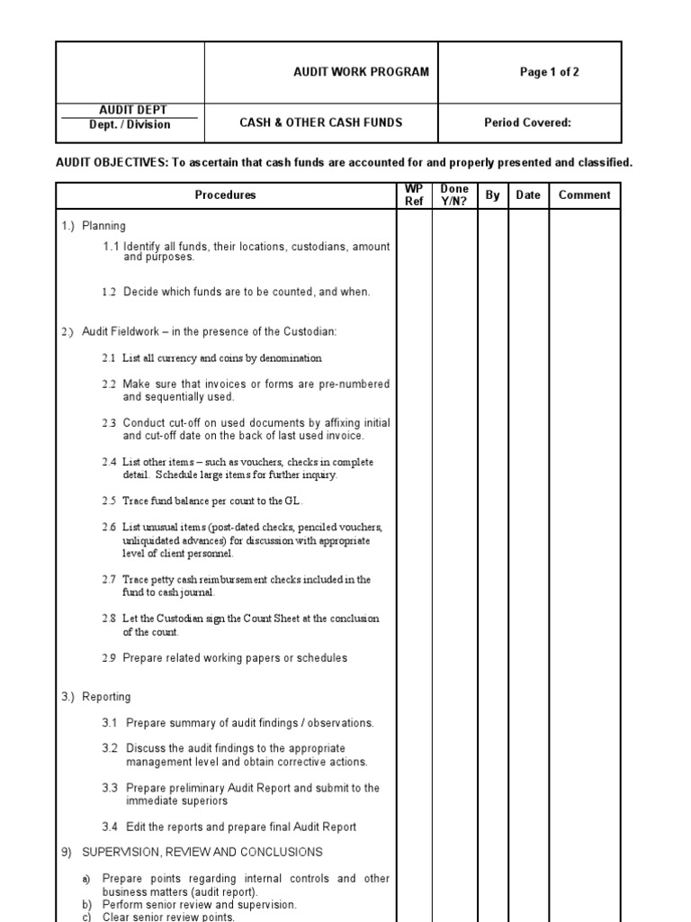 Audit Program-Cash Funds | PDF | Cash | Audit