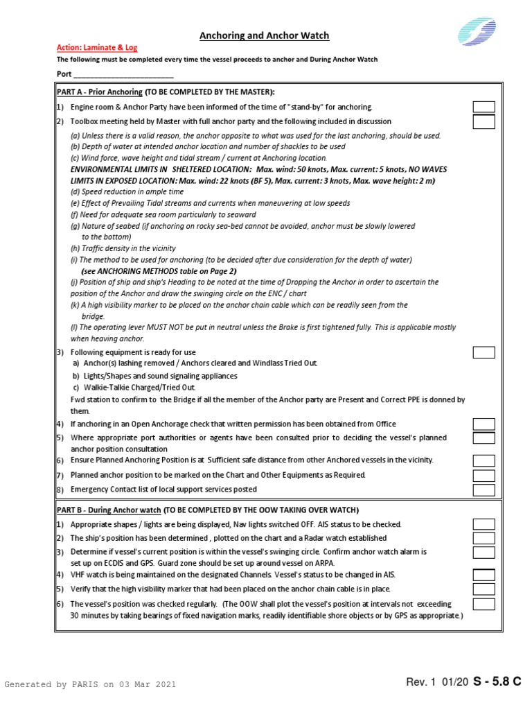Anchoring Procedures and Watch Checklist | PDF | Anchor | Transport