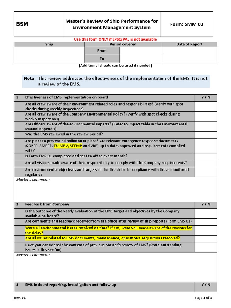 Ship EMS Performance Review Form | PDF | Audit | Oil Tanker
