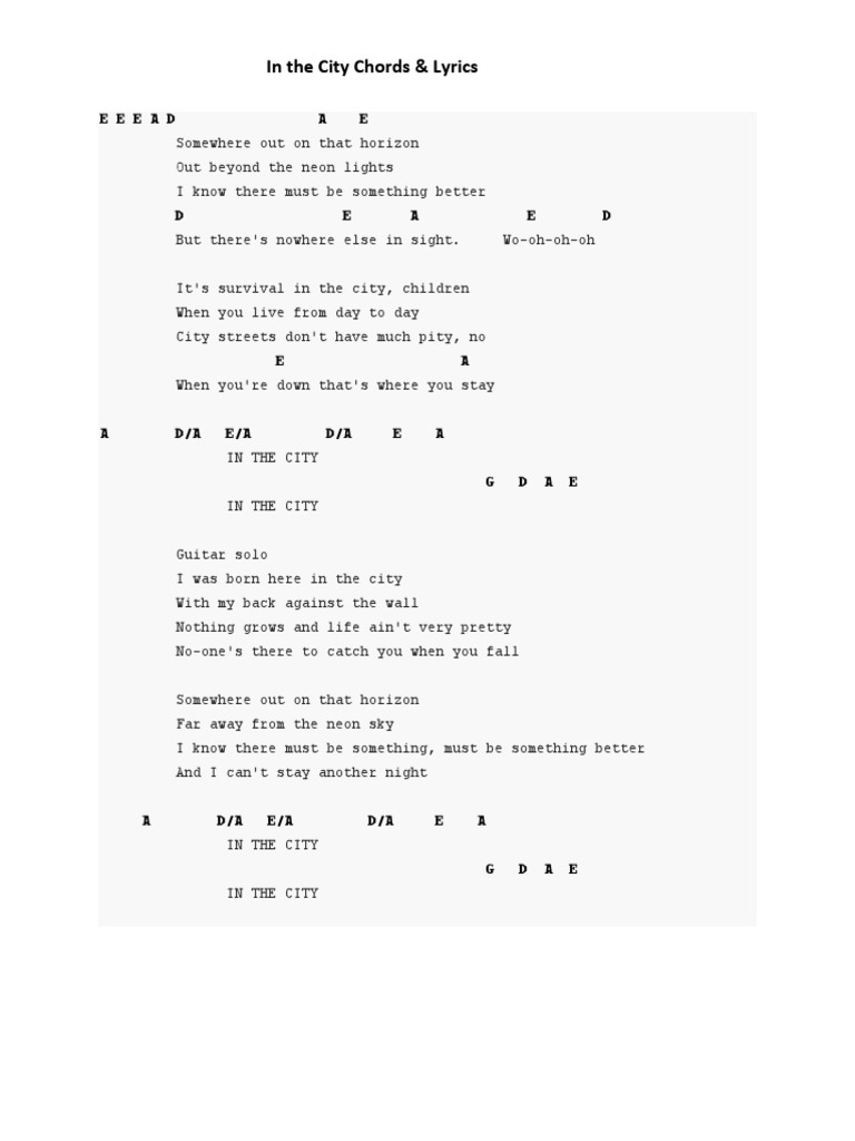 In The City Chords & Lyrics PDF
