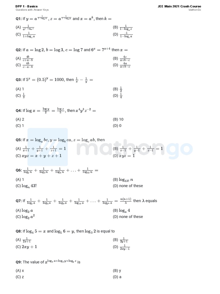 DPP 1 Basics Jee Main 2021 Crash Course Questions With Answer Keys