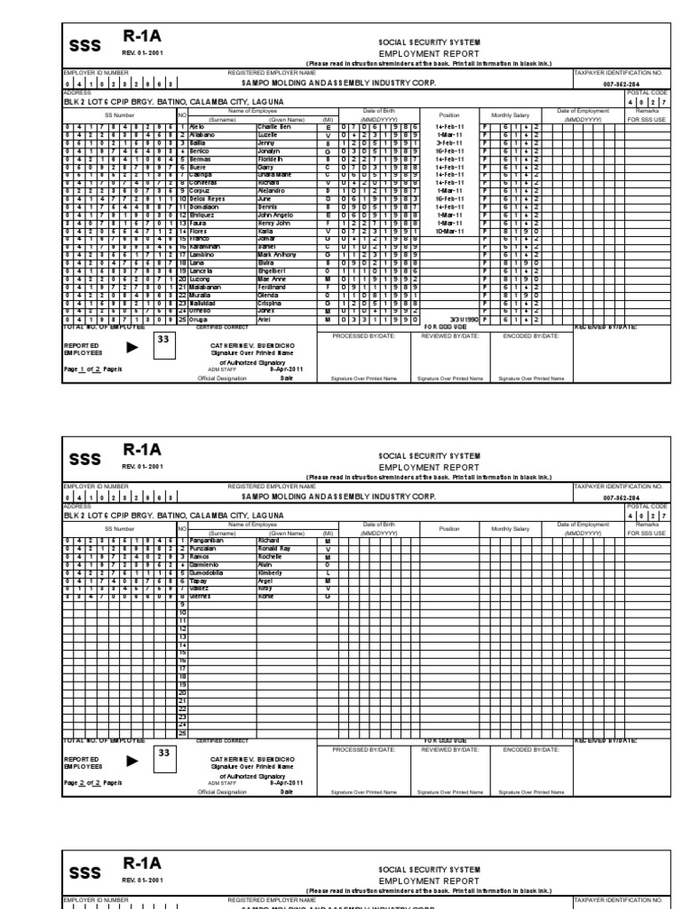 SSS R-1A: Employment Report | PDF | Signature | Government And Personhood