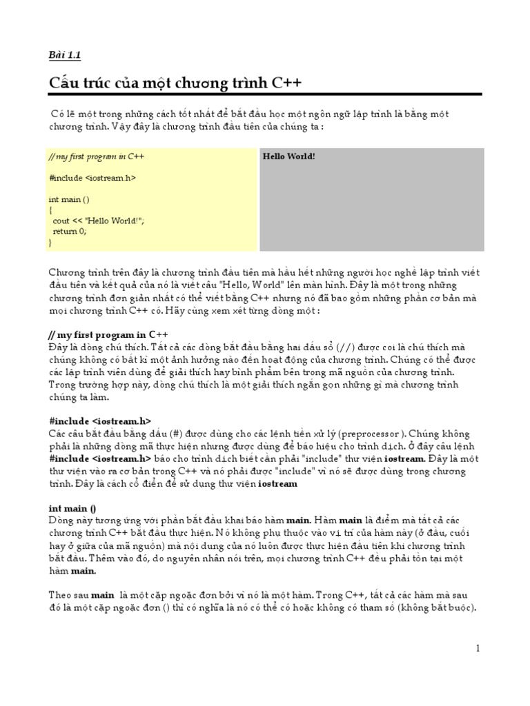 Cấu trúc của một chương trình C++: // my first program in C++ | PDF