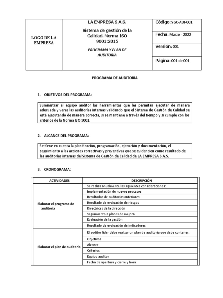 Programa y Plan de Auditoría | PDF | Auditoría | Contralor