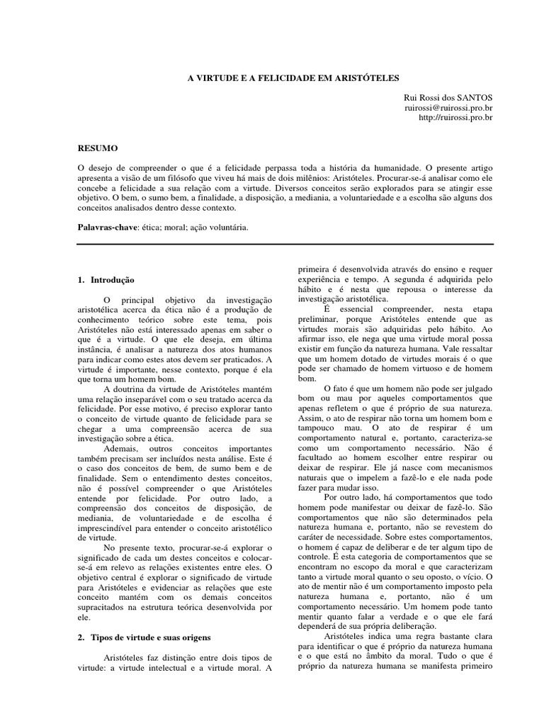 Virtude e Felicidade em Aristóteles | PDF | Aristóteles | Virtude