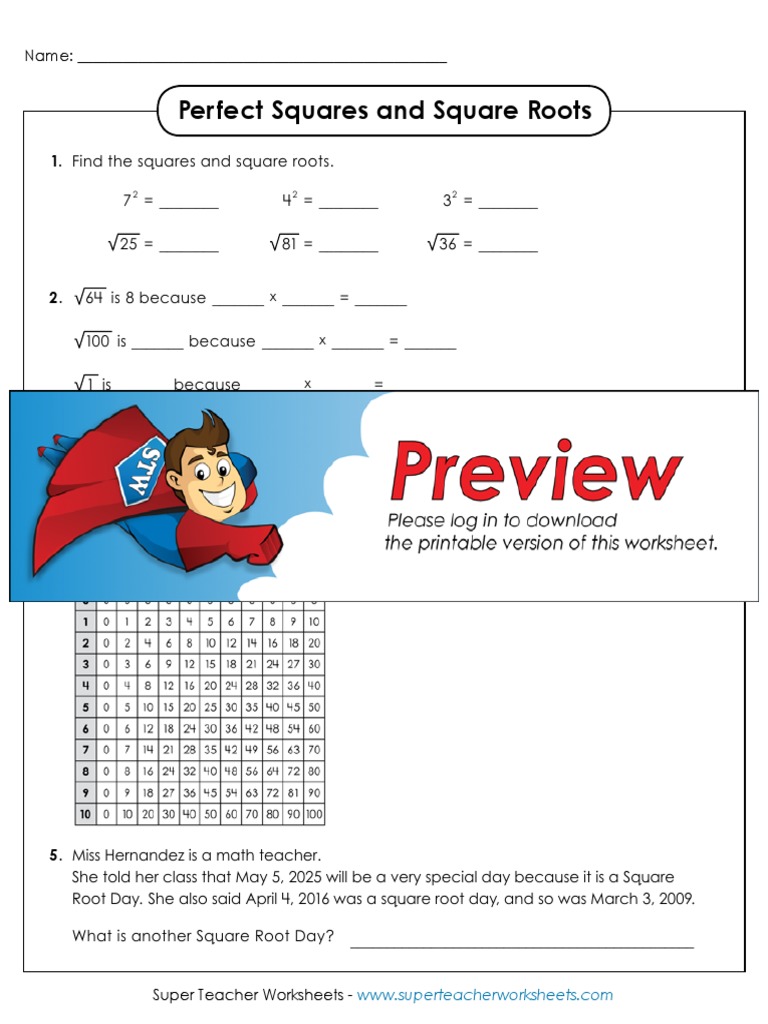 Perfect Squares and Square Roots Worksheet | PDF | Mathematics ...