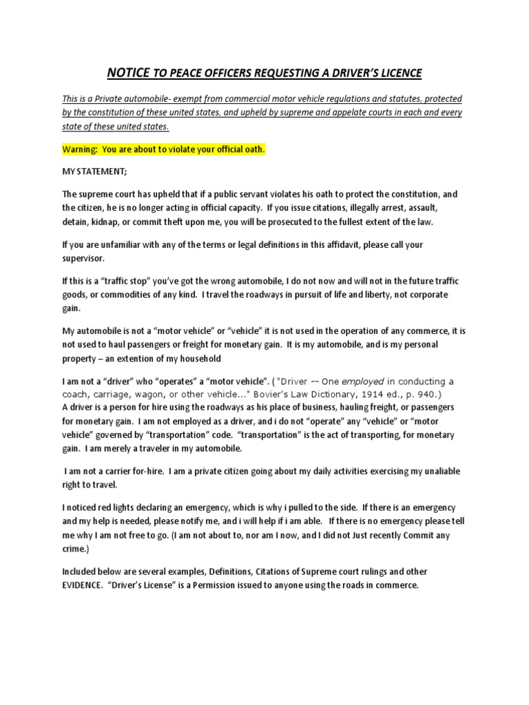 Notice To Peace Officers Requesting A Driver PDF Fourteenth
