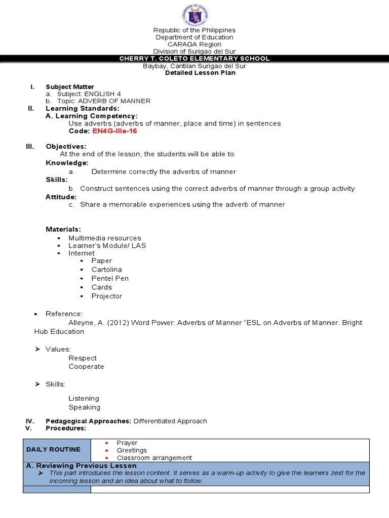 Adverbs of Manner Lesson Plan for Grade 4 | PDF | Learning ...