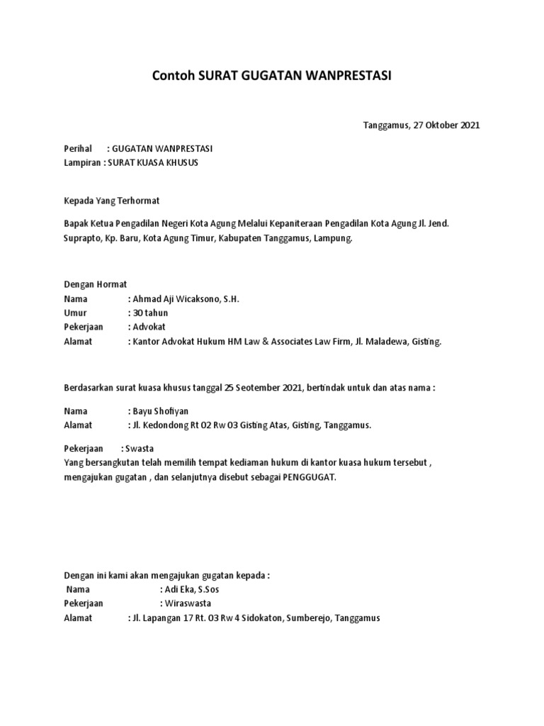Contoh Surat Gugatan Wanprestasi Pdf