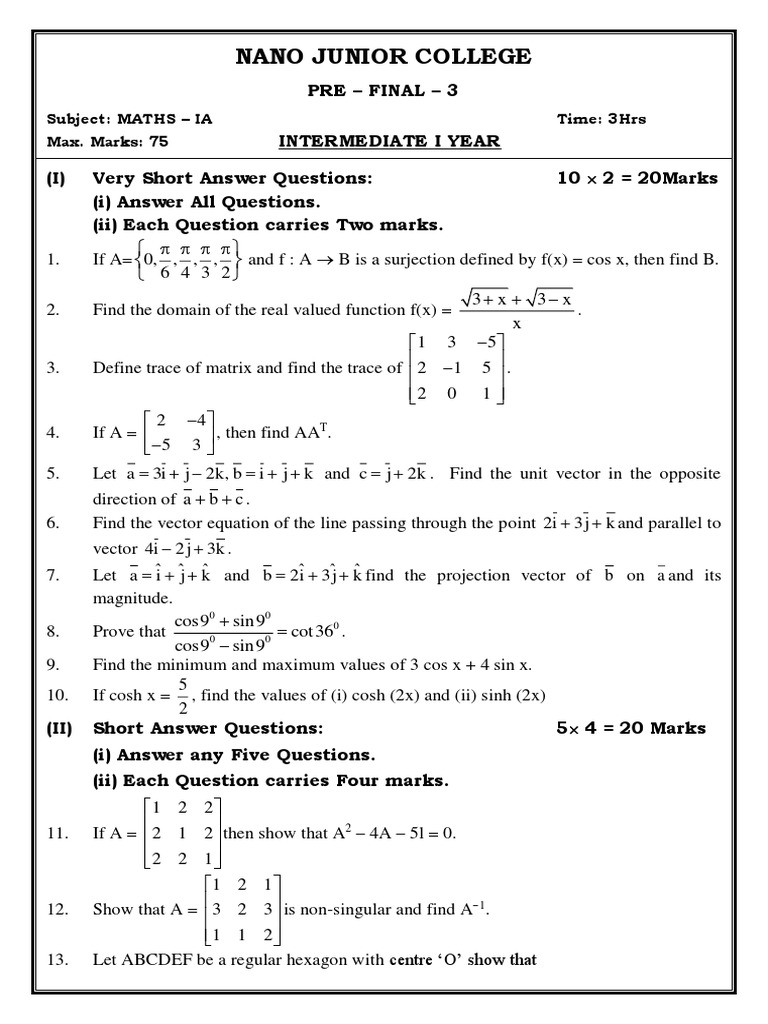 1st Year MATHS IA QP | PDF | Plane (Geometry) | Abstract Algebra