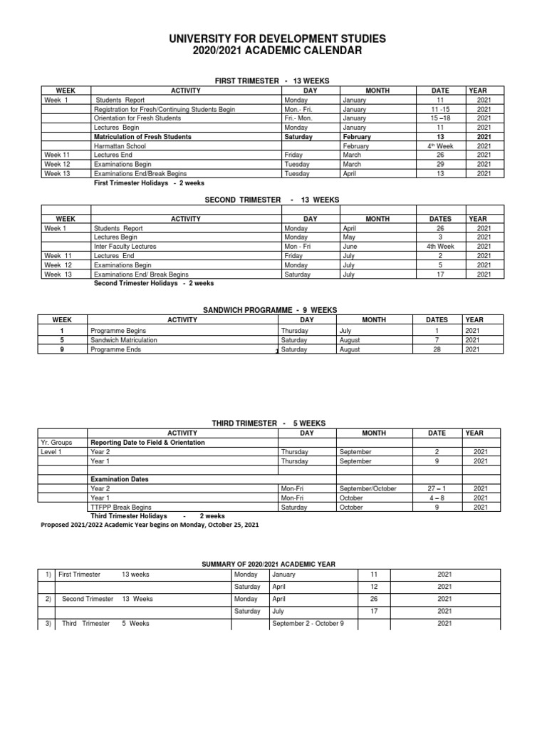 UDS Academic Calendar 20202021 PDF Academic Term Academia
