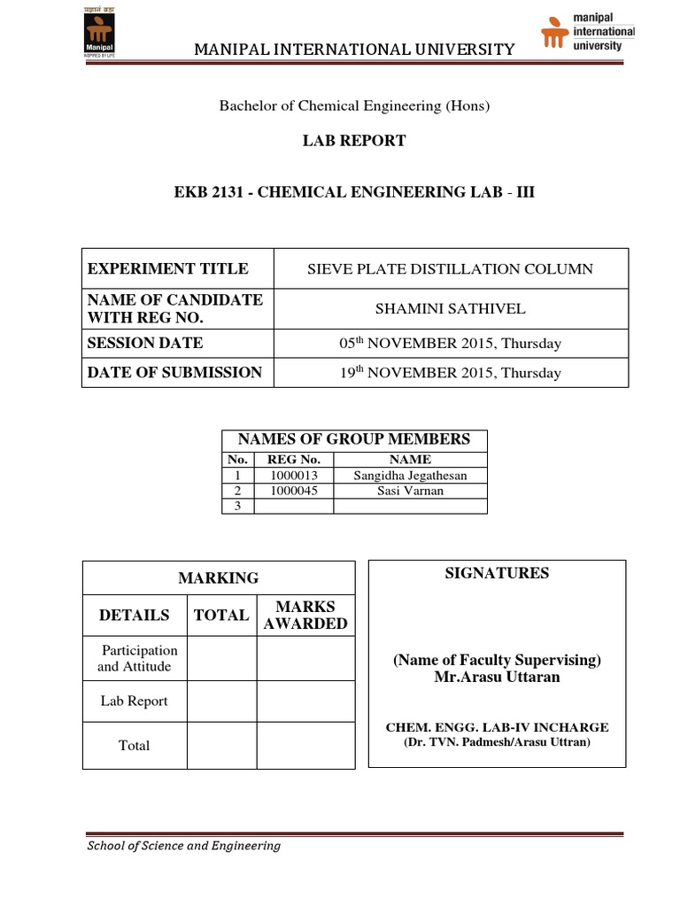 Manipal International University Lab Report PDF Distillation