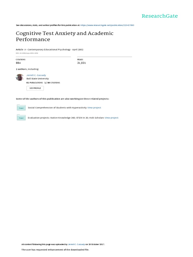 Cognitive Test Anxiety and Academic Performance PDF Sat Anxiety