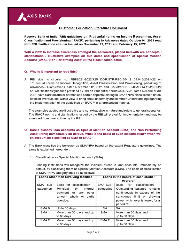 RBI Guidelines on NPA and SMA Classification | PDF | Loans | Credit