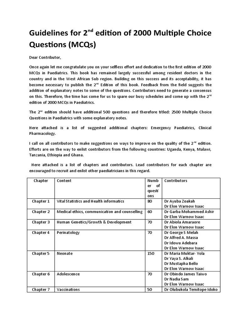 Guidelines for 2500 MCQs in Paediatrics | PDF | Multiple Choice | Question