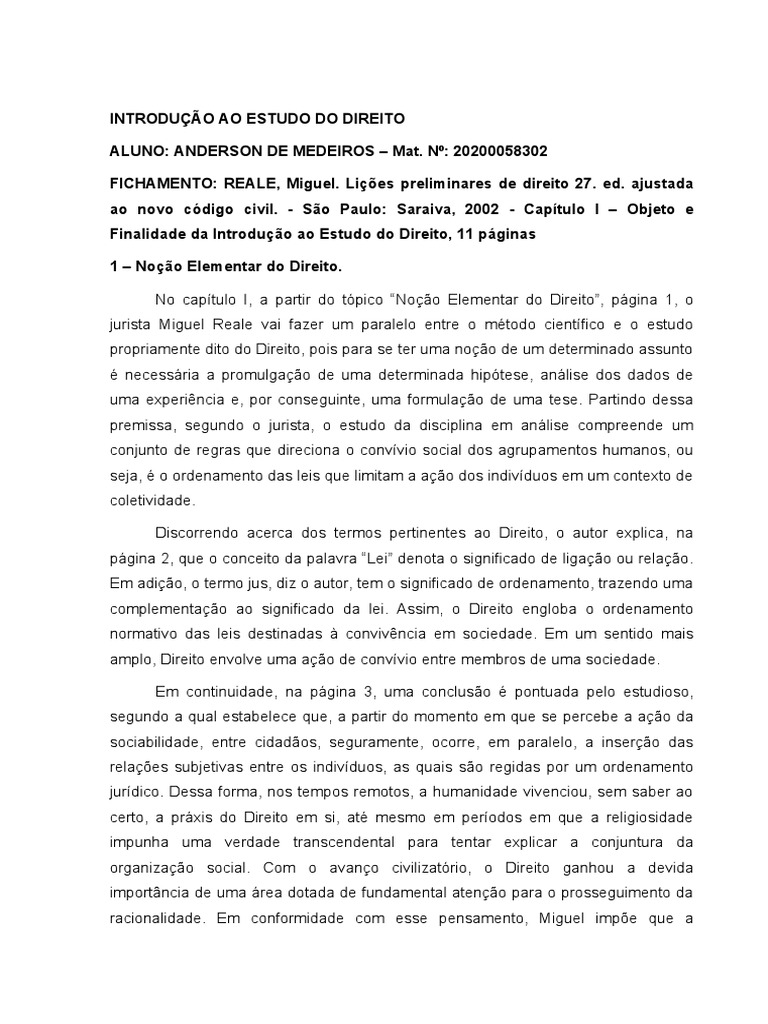 Fichamento - Introdução Ao Direito - Miguel Reale - Cap. I | PDF ...