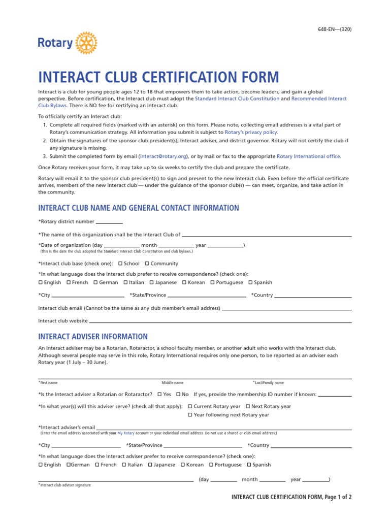 Interact Club Certification Form PDF