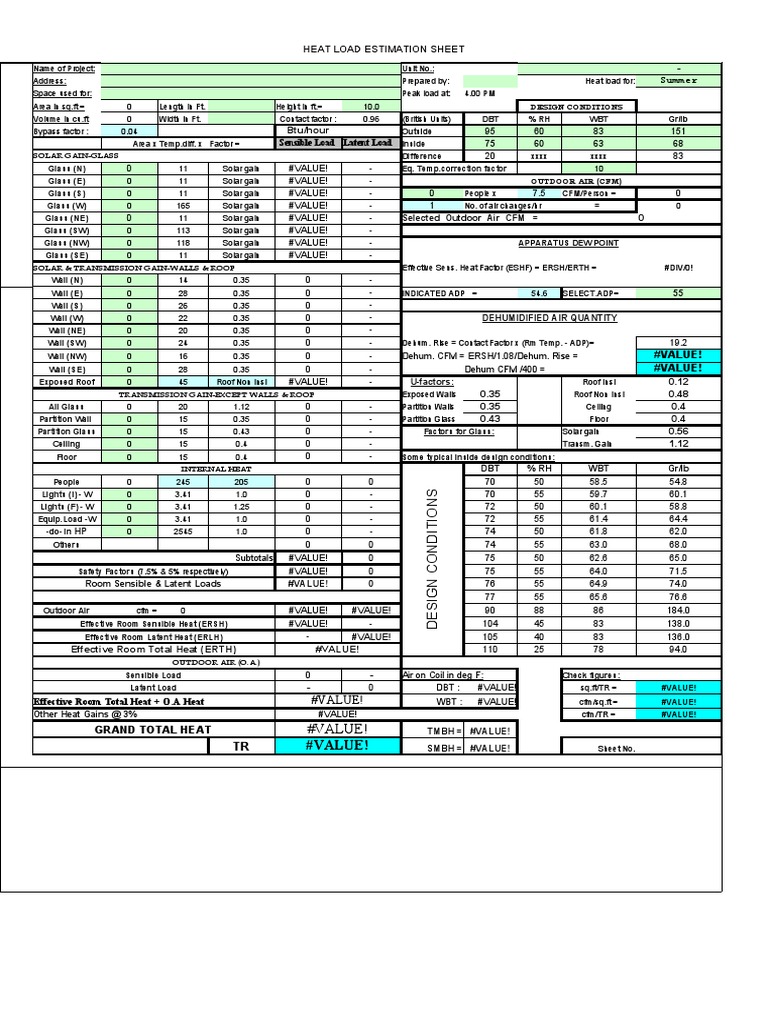 Air Conditioning Heat Load Calculation Sheet