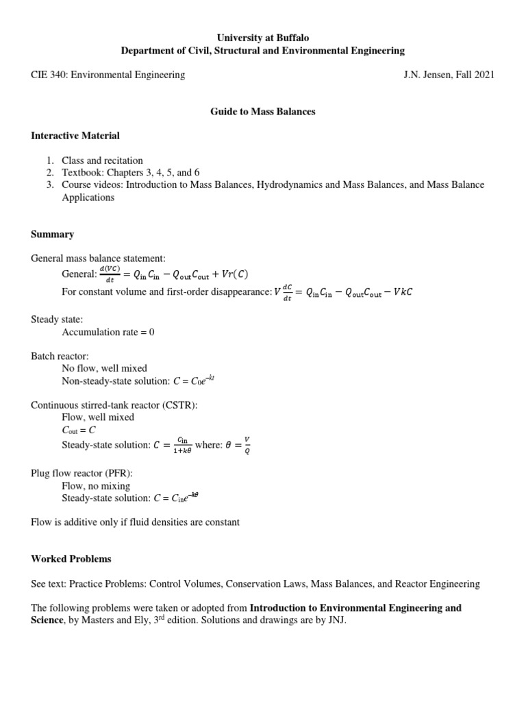 Mass Balance in Environmental Engineering | PDF | Chemical Reactor ...