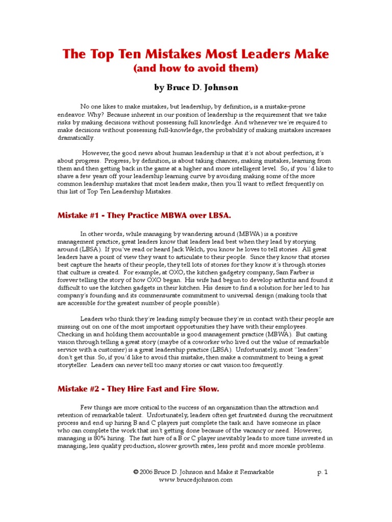 Top Ten Mistakes Leaders Make PDF Leadership Apple Inc.