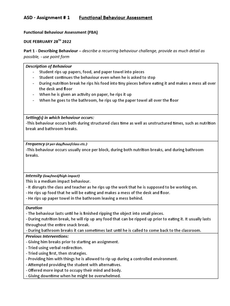 Assignment 1 - Functional Behaviour Assessment Fba | PDF | Behavior ...
