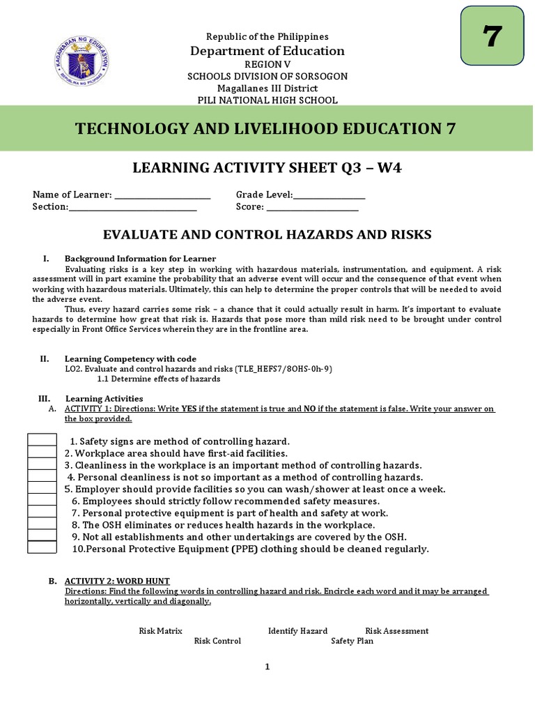 Evaluating Hazards in TLE Grade 7 | PDF | Risk | Occupational Safety ...