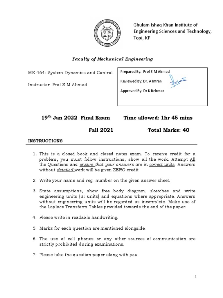 ME 464 Exam Paper Final-Vetted | PDF | Control Theory | Electricity