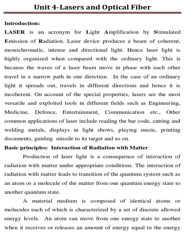Unit 4 Laser and Of, 21PH12 - 22 | PDF | Laser | Optical Fiber