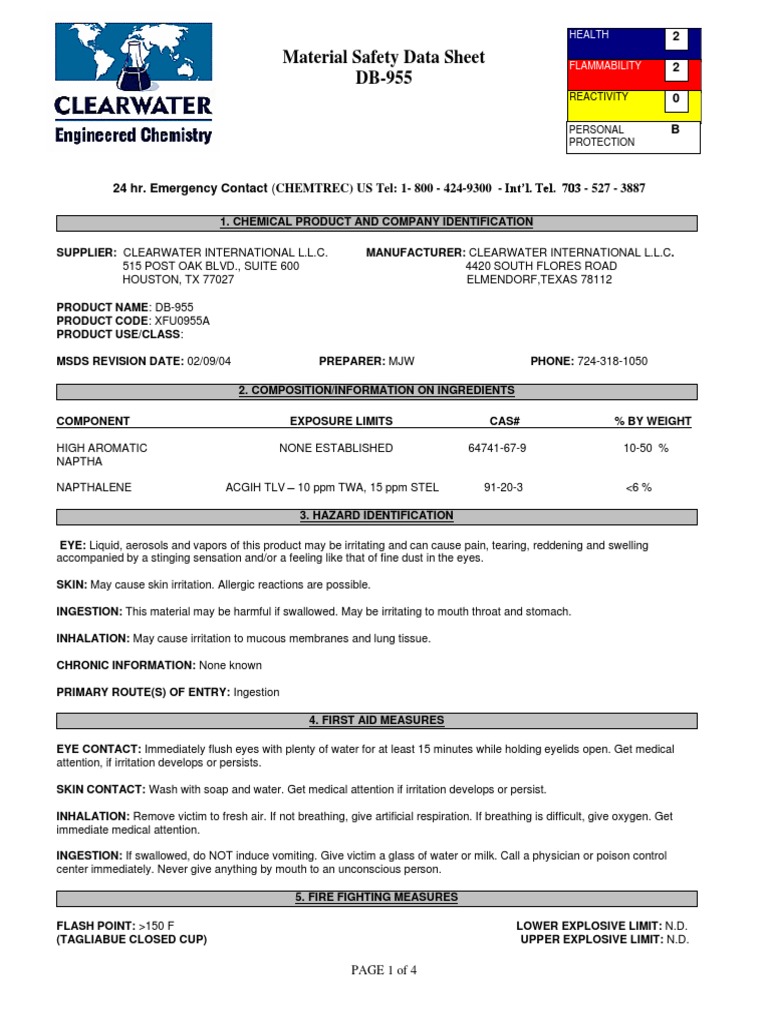 DB-955 Material Safety Data Sheet | PDF | Dangerous Goods | Firefighting