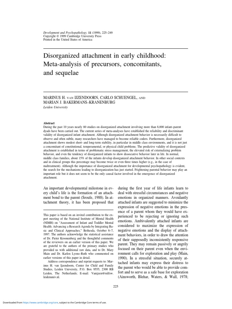 Disorganized Attachment in Early Childhood: Meta-Analysis of Precursors ...