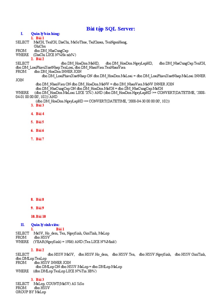 SQL Server Exercises for Management Tasks | PDF | Vietnam