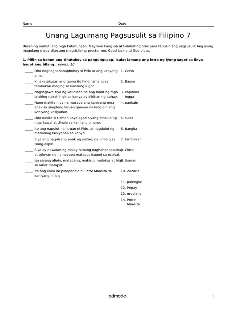 Unang Lagumang Pagsusulit Sa Filipino 7 | PDF