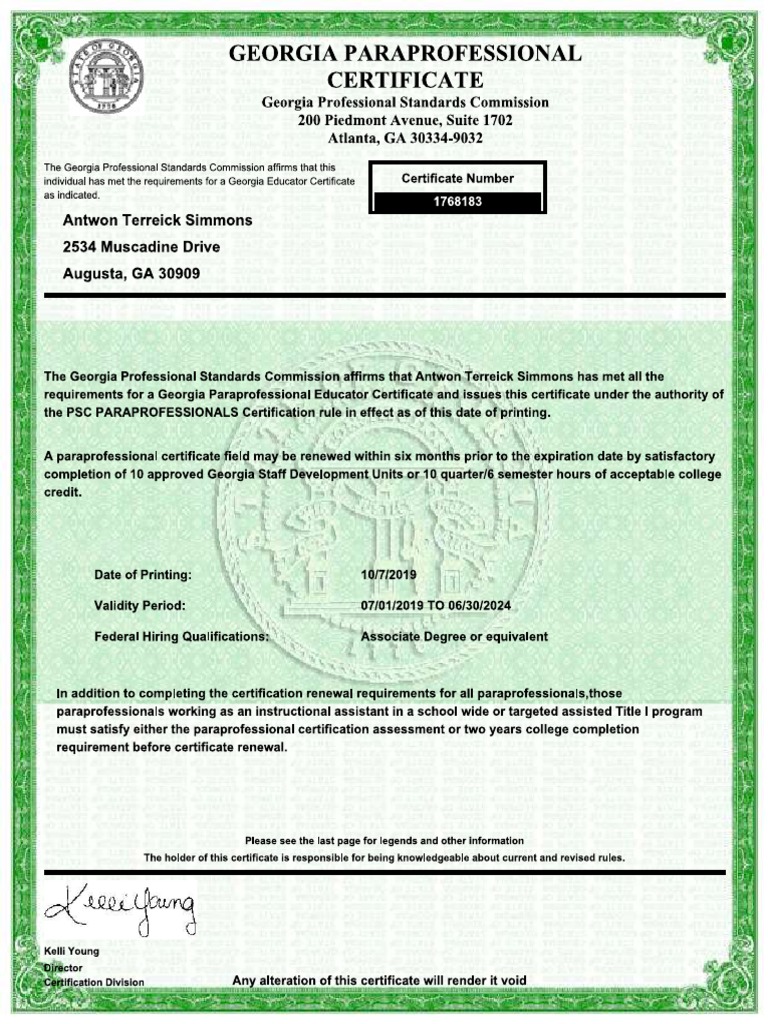 Ga Paraprofessional Certificate PDF