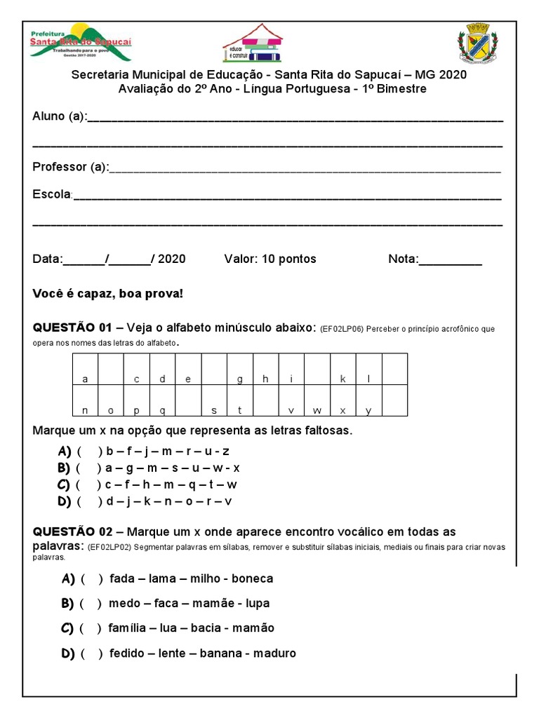 1 Avaliação Português 2 Ano 1º Bim | PDF | Comunicação humana | Linguística