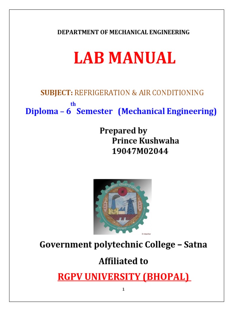 Lab Manual RGPV University (Bhopal) PDF Refrigeration Vapor