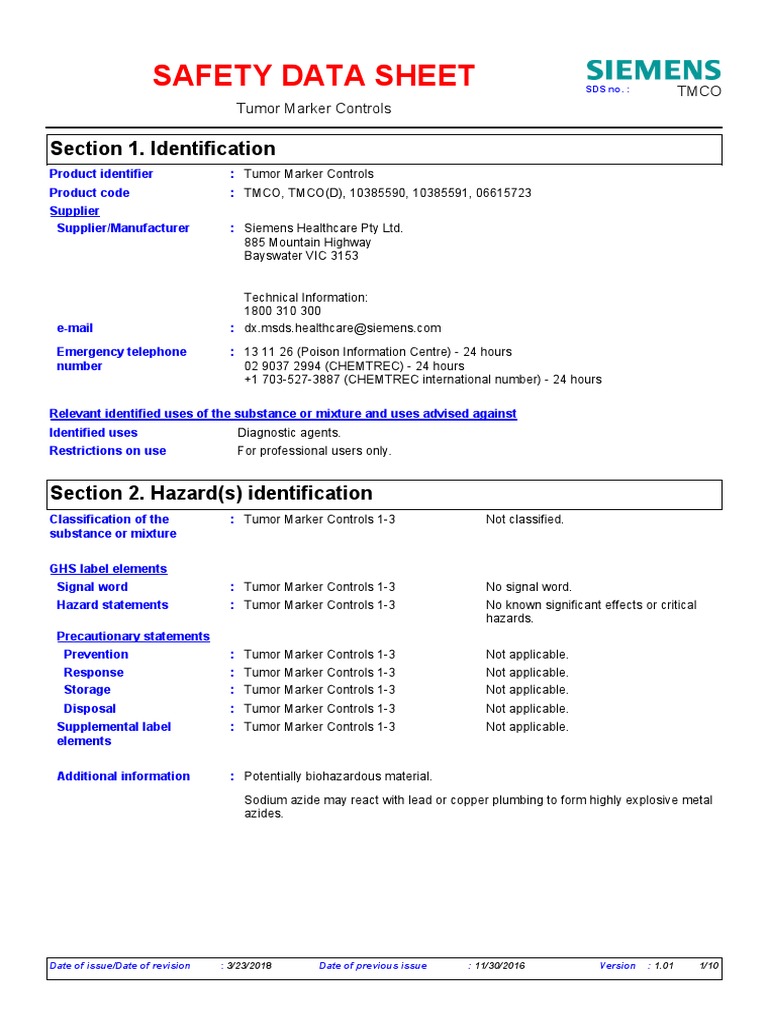 MSDS Tumor Marker Controls PDF Dangerous Goods Toxicity