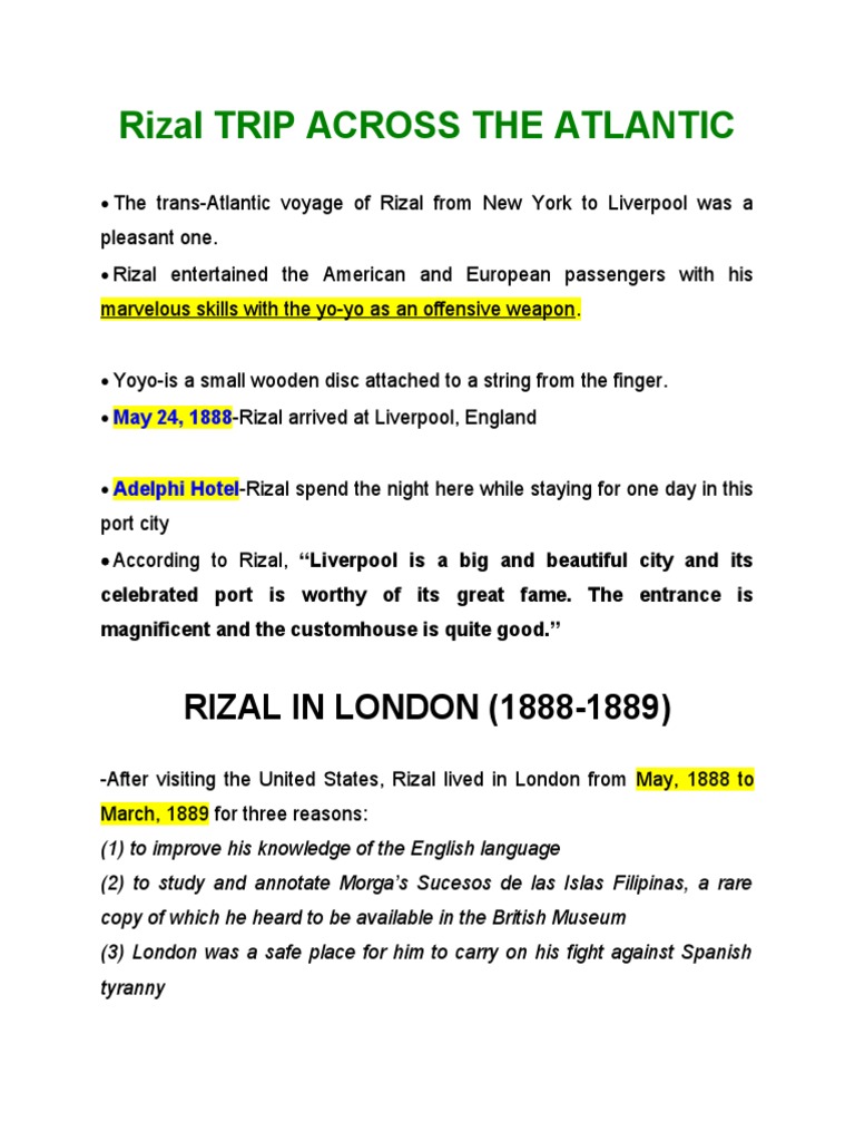 Rizal's Trans-Atlantic Voyage and Arrival in Liverpool | PDF