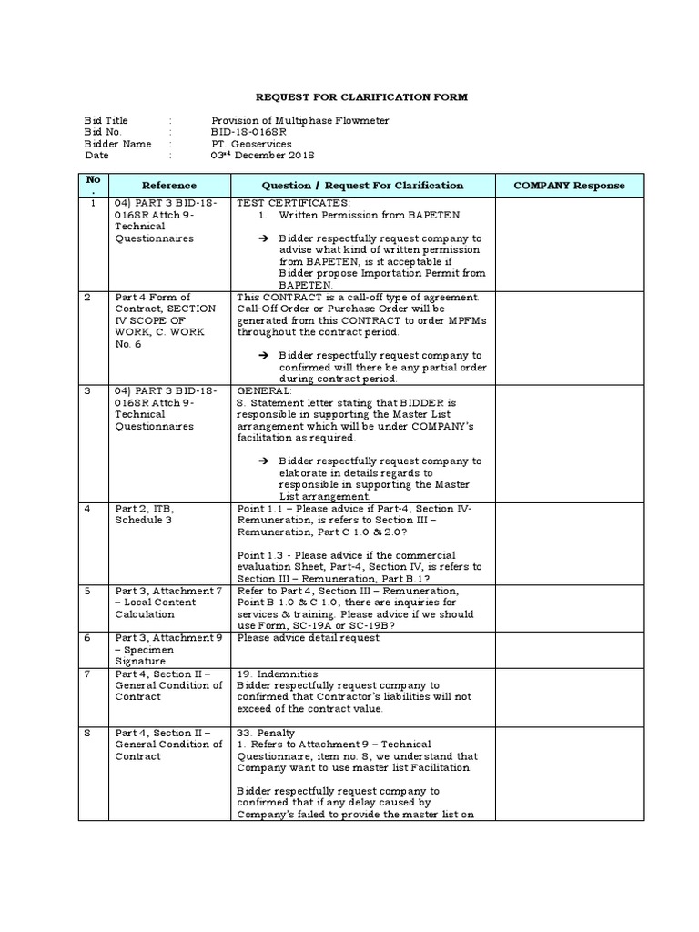 Clarification Requests for Bid 18-0168R | PDF | Specification ...