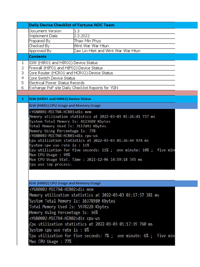 Daily NOC Device Status Checklist | PDF | Alternating Current ...