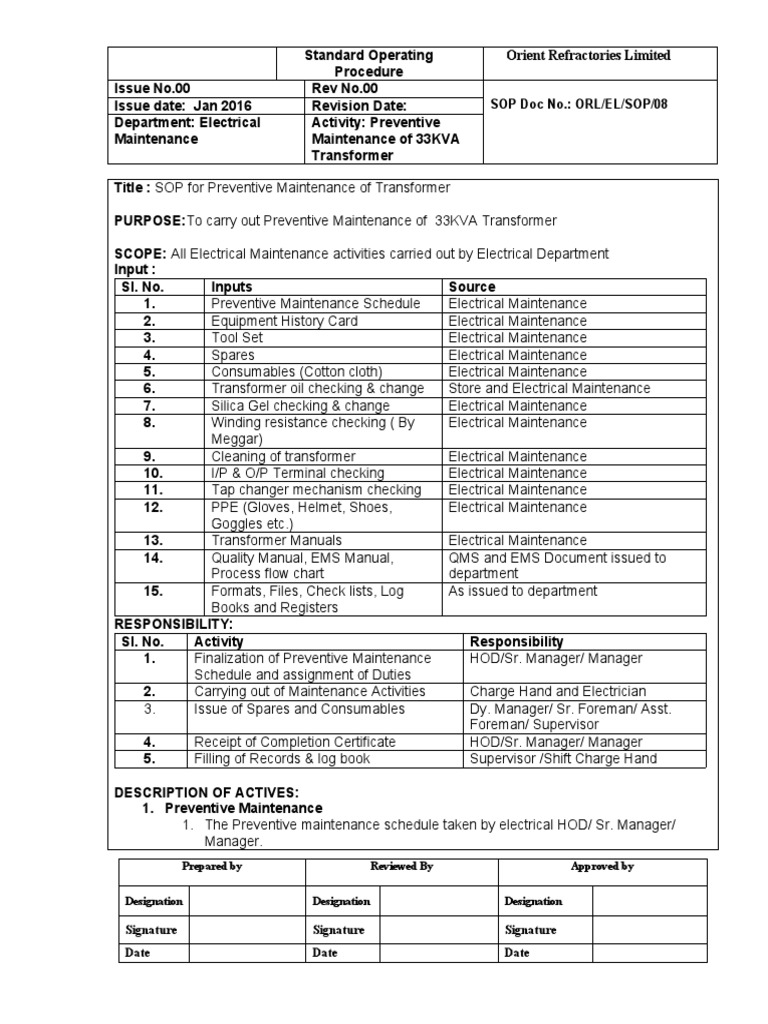 SOP for 33KVA Transformer Maintenance | PDF | Personal Protective ...