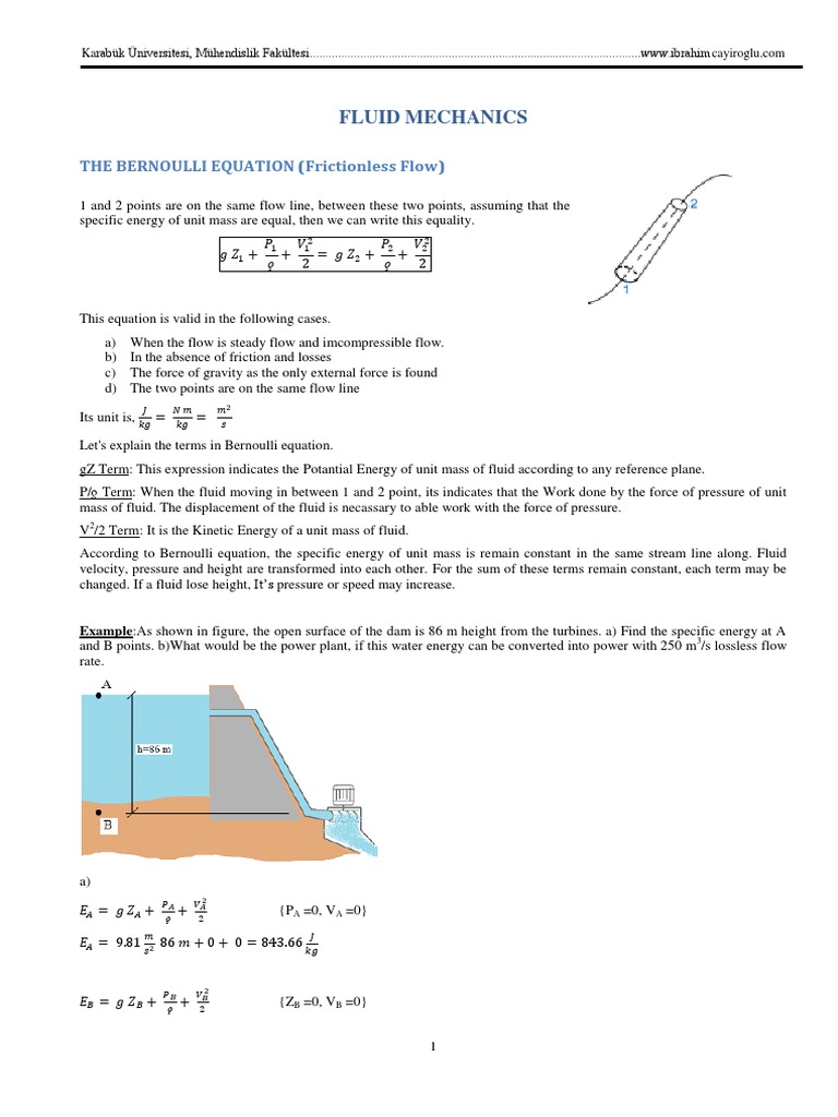 Fluid Mechanics: THE BERNOULLI EQUATION (Frictionless Flow) | PDF ...